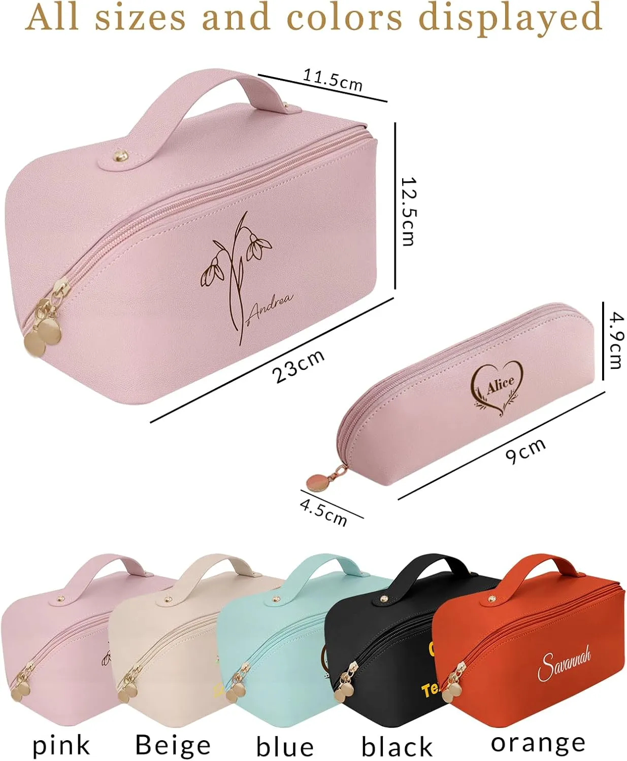 Personalized Makeup Bag for Women - Customized Travel Cosmetic Bag with Name Large Capacity, Waterproof PU Leather Toiletry Bag with Divider & Handle, Mothers Day Gifts for Mom/Bridesmaids Flower