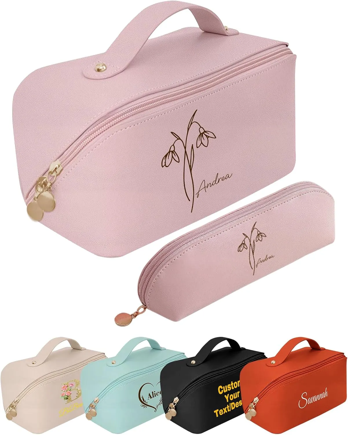 Personalized Makeup Bag for Women - Customized Travel Cosmetic Bag with Name Large Capacity, Waterproof PU Leather Toiletry Bag with Divider & Handle, Mothers Day Gifts for Mom/Bridesmaids Flower