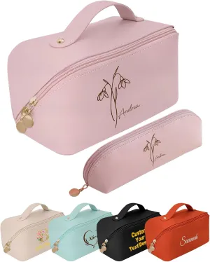 Personalized Makeup Bag for Women - Customized Travel Cosmetic Bag with Name Large Capacity, Waterproof PU Leather Toiletry Bag with Divider & Handle, Mothers Day Gifts for Mom/Bridesmaids Flower