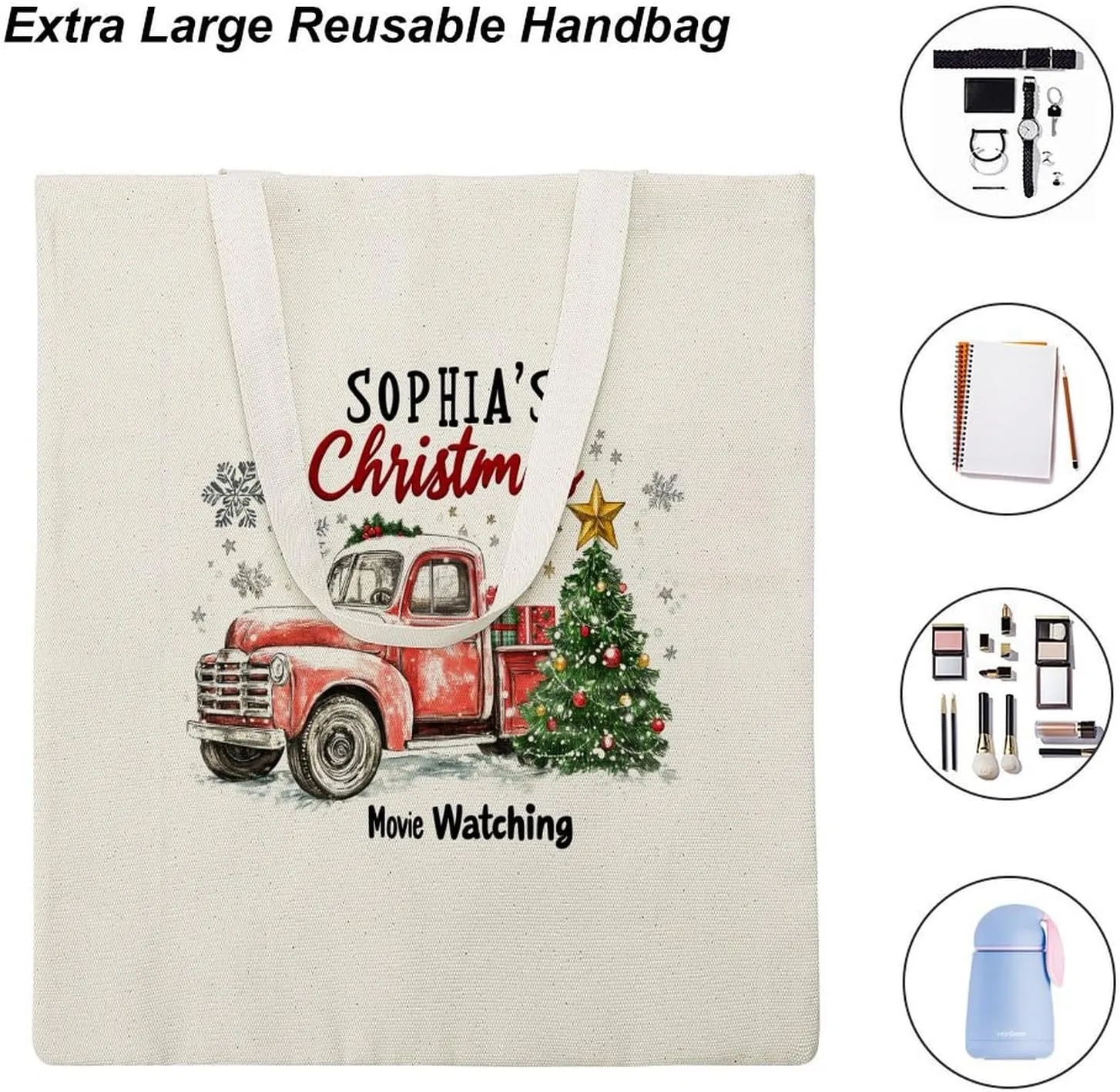 Personalized Name Christmas Movie Watching The Tote Bag Tree Truck Red Travel Beach Bag for Shopping, Gym