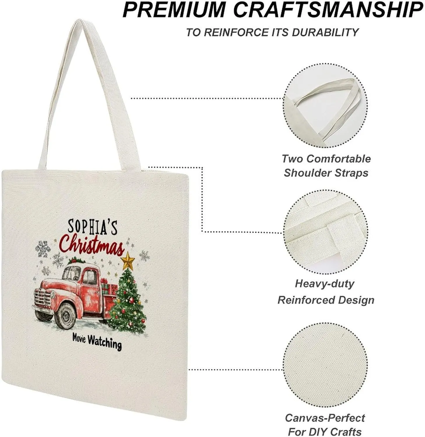 Personalized Name Christmas Movie Watching The Tote Bag Tree Truck Red Travel Beach Bag for Shopping, Gym