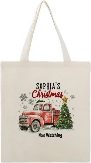 Personalized Name Christmas Movie Watching The Tote Bag Tree Truck Red Travel Beach Bag for Shopping, Gym