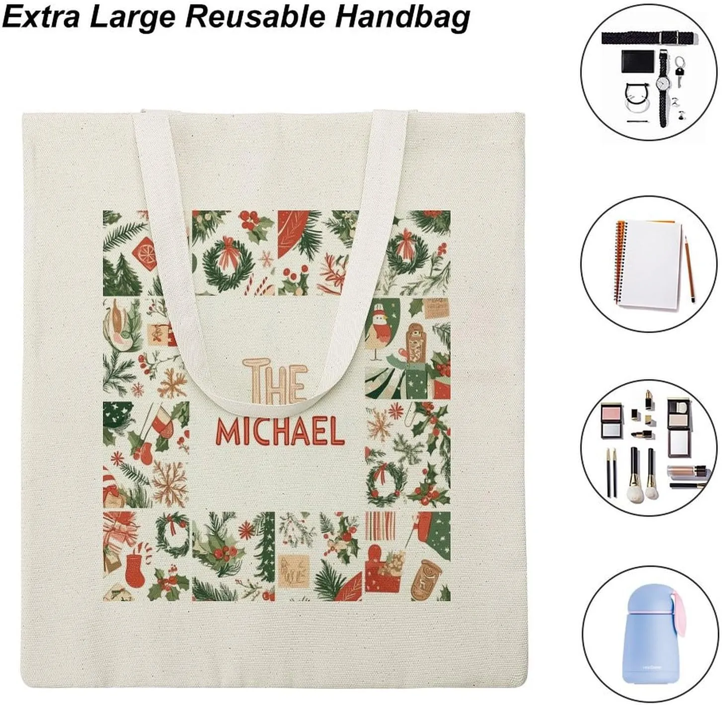 Personalized Name Christmas Movie Watching The Tote Bag Tree Truck Red Travel Beach Bag for Shopping, Gym