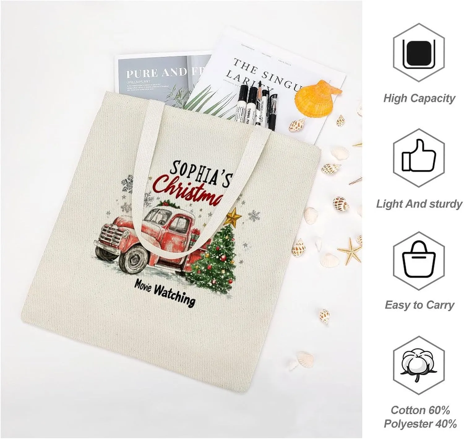 Personalized Name Christmas Movie Watching The Tote Bag Tree Truck Red Travel Beach Bag for Shopping, Gym