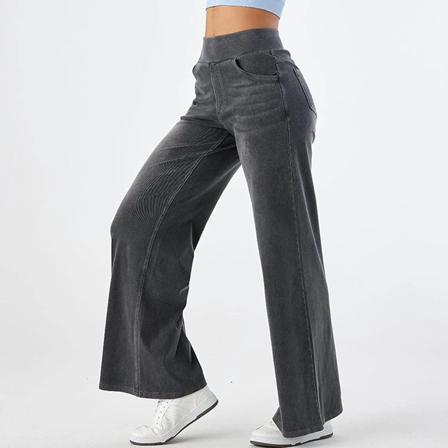 Photno Womens Elastic Waist Jeans Stretch Retro Wide Leg Loose Trousers Casual High Waisted Baggy Denim Pants with Pockets