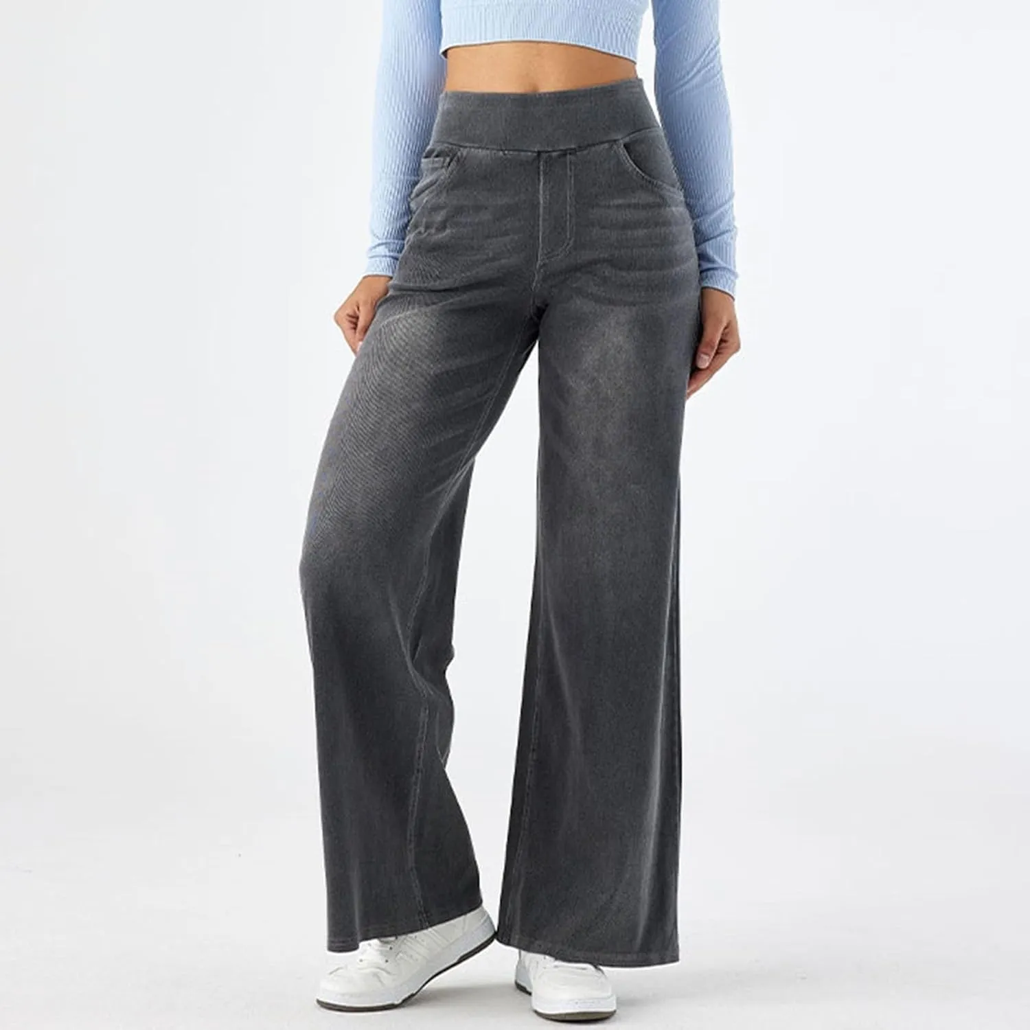 Photno Womens Elastic Waist Jeans Stretch Retro Wide Leg Loose Trousers Casual High Waisted Baggy Denim Pants with Pockets