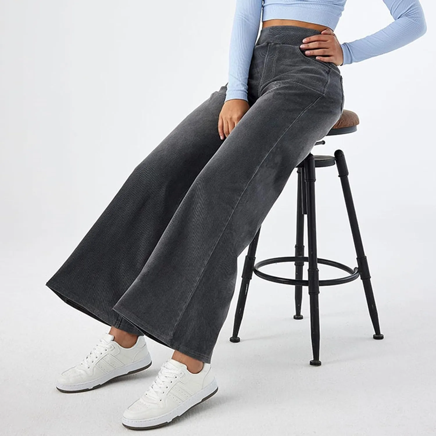 Photno Womens Elastic Waist Jeans Stretch Retro Wide Leg Loose Trousers Casual High Waisted Baggy Denim Pants with Pockets