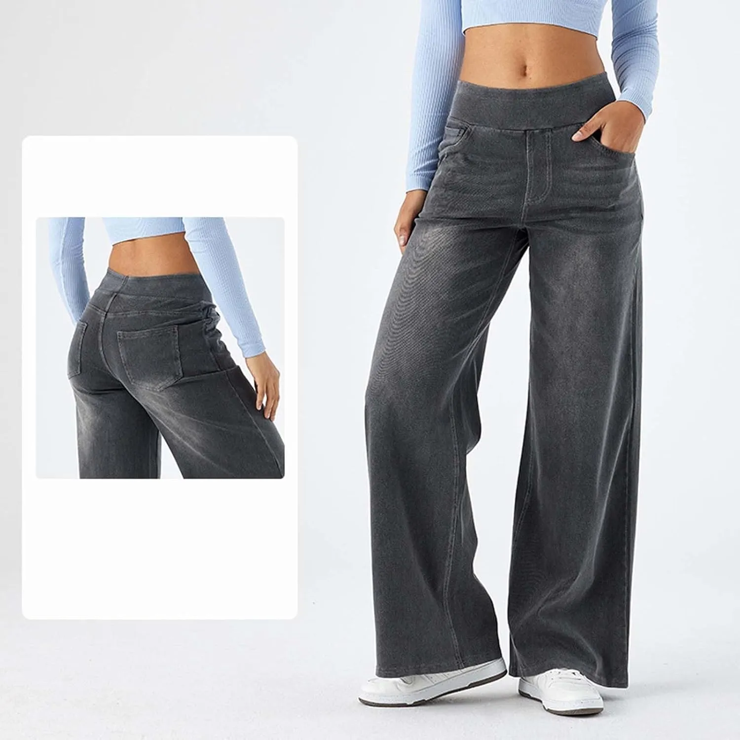Photno Womens Elastic Waist Jeans Stretch Retro Wide Leg Loose Trousers Casual High Waisted Baggy Denim Pants with Pockets
