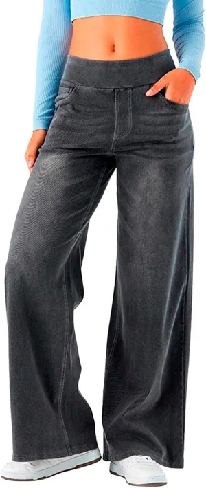 Photno Womens Elastic Waist Jeans Stretch Retro Wide Leg Loose Trousers Casual High Waisted Baggy Denim Pants with Pockets