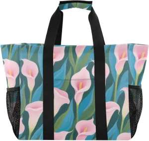 Pink Blue Calla Lily Utility Tote Bag For Women Foldable Large Beach Bag Waterproof Resuable Grocery Bags with Handles Carrying Bags