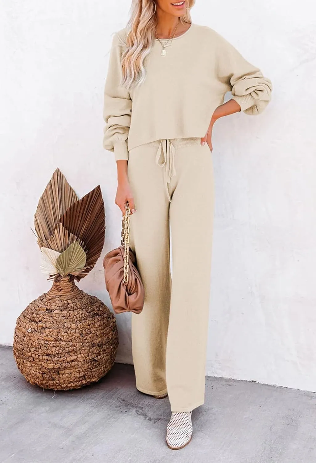 Pink Queen Women's 2 Piece Outfit Sweater Set Long Sleeve Crop Knit Top and Wide Leg Long Pants Sweatsuit