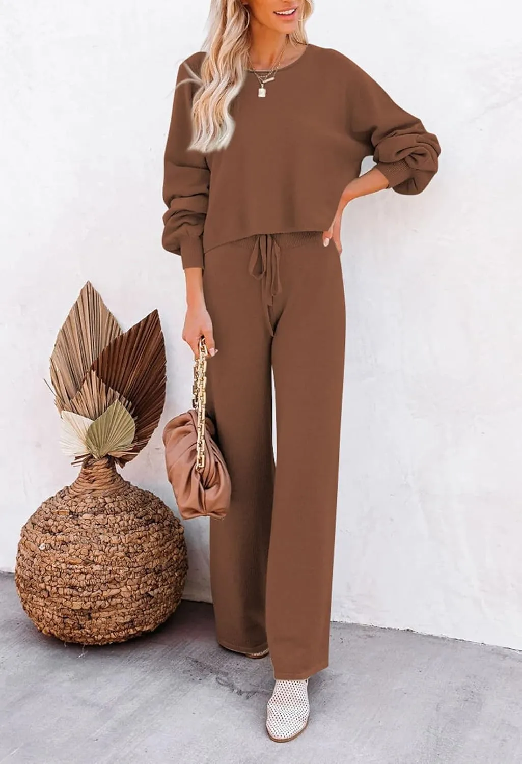 Pink Queen Women's 2 Piece Outfit Sweater Set Long Sleeve Crop Knit Top and Wide Leg Long Pants Sweatsuit