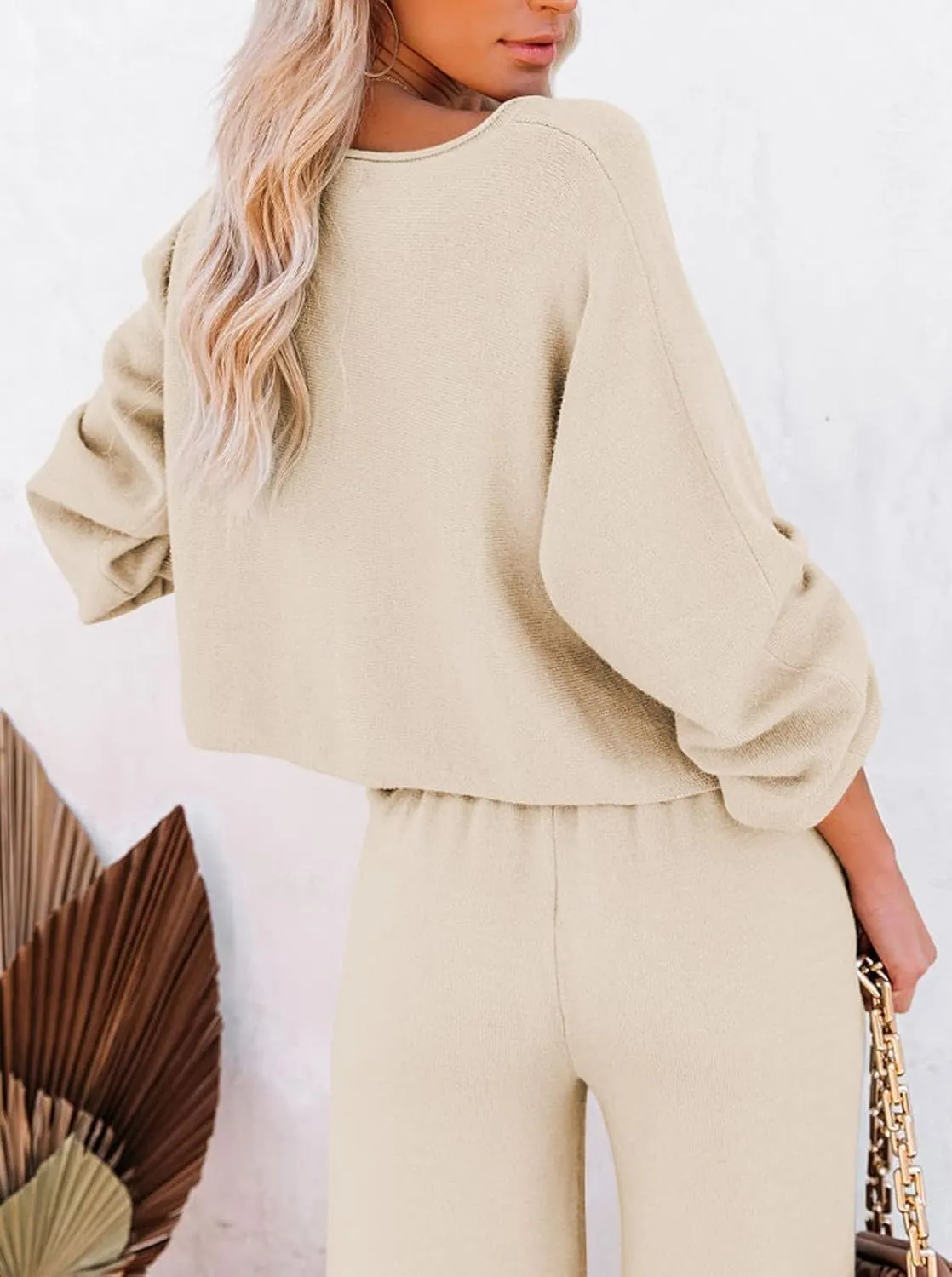 Pink Queen Women's 2 Piece Outfit Sweater Set Long Sleeve Crop Knit Top and Wide Leg Long Pants Sweatsuit