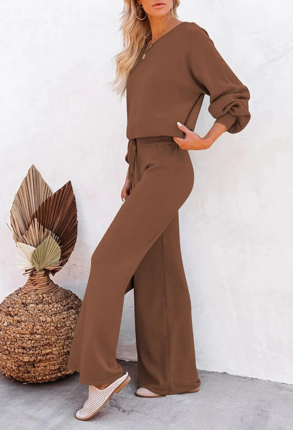 Pink Queen Women's 2 Piece Outfit Sweater Set Long Sleeve Crop Knit Top and Wide Leg Long Pants Sweatsuit