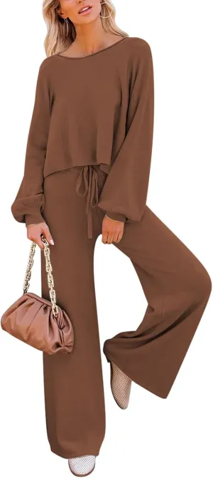Pink Queen Women's 2 Piece Outfit Sweater Set Long Sleeve Crop Knit Top and Wide Leg Long Pants Sweatsuit