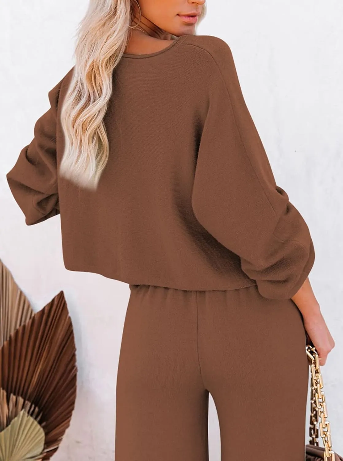 Pink Queen Women's 2 Piece Outfit Sweater Set Long Sleeve Crop Knit Top and Wide Leg Long Pants Sweatsuit