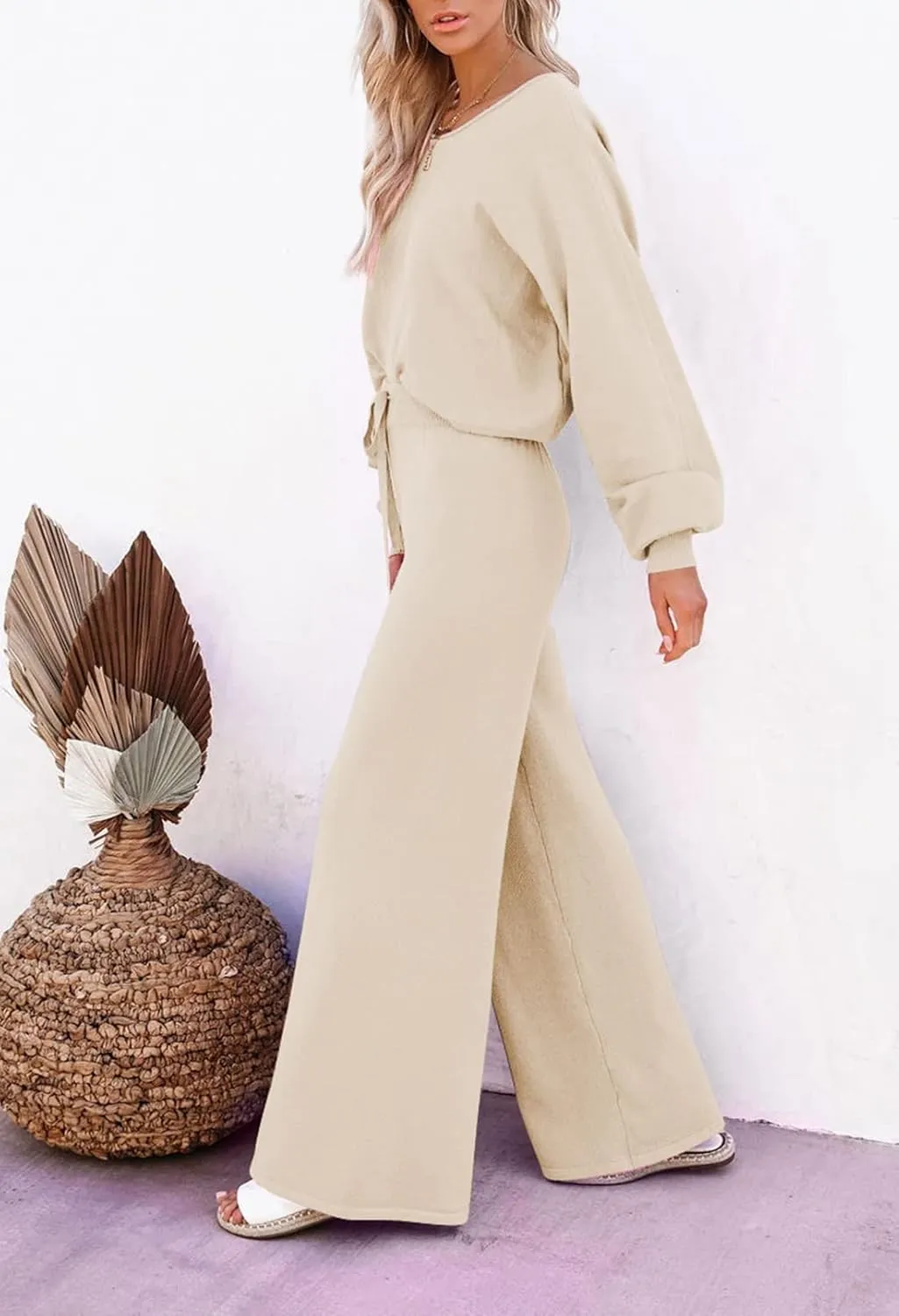 Pink Queen Women's 2 Piece Outfit Sweater Set Long Sleeve Crop Knit Top and Wide Leg Long Pants Sweatsuit