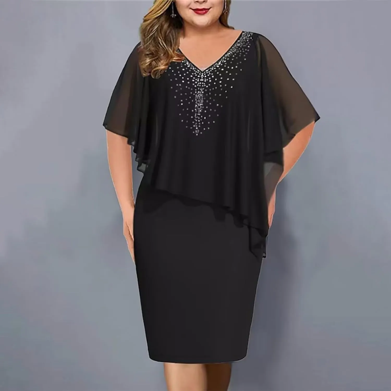 Plus Size Cape Dress for Women Elegant Casual V Neck Bodycon Pencil Dress with Chiffon Overlay Wedding Cocktail Party Dress