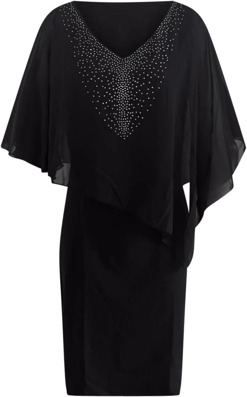 Plus Size Cape Dress for Women Elegant Casual V Neck Bodycon Pencil Dress with Chiffon Overlay Wedding Cocktail Party Dress