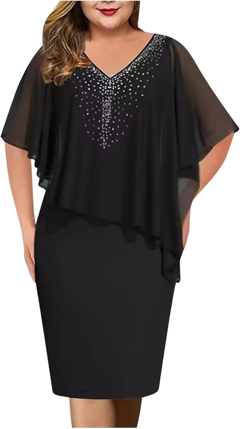 Plus Size Cape Dress for Women Elegant Casual V Neck Bodycon Pencil Dress with Chiffon Overlay Wedding Cocktail Party Dress