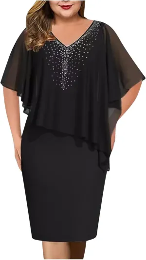 Plus Size Cape Dress for Women Elegant Casual V Neck Bodycon Pencil Dress with Chiffon Overlay Wedding Cocktail Party Dress