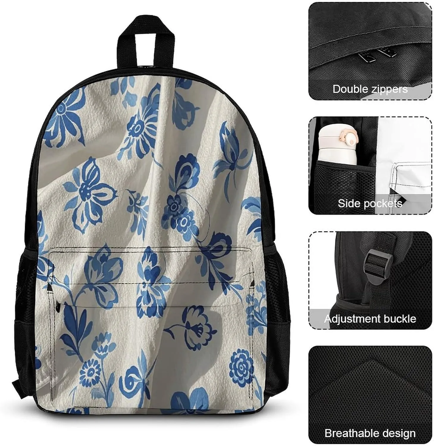 Portable Backpack Set with Lunch Bag & Pencil Case, Blue White Floral Print 3-in-1 Durable Work Bag,Adjustable Straps,Lightweight & Spacious