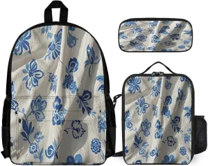 Portable Backpack Set with Lunch Bag & Pencil Case, Blue White Floral Print 3-in-1 Durable Work Bag,Adjustable Straps,Lightweight & Spacious