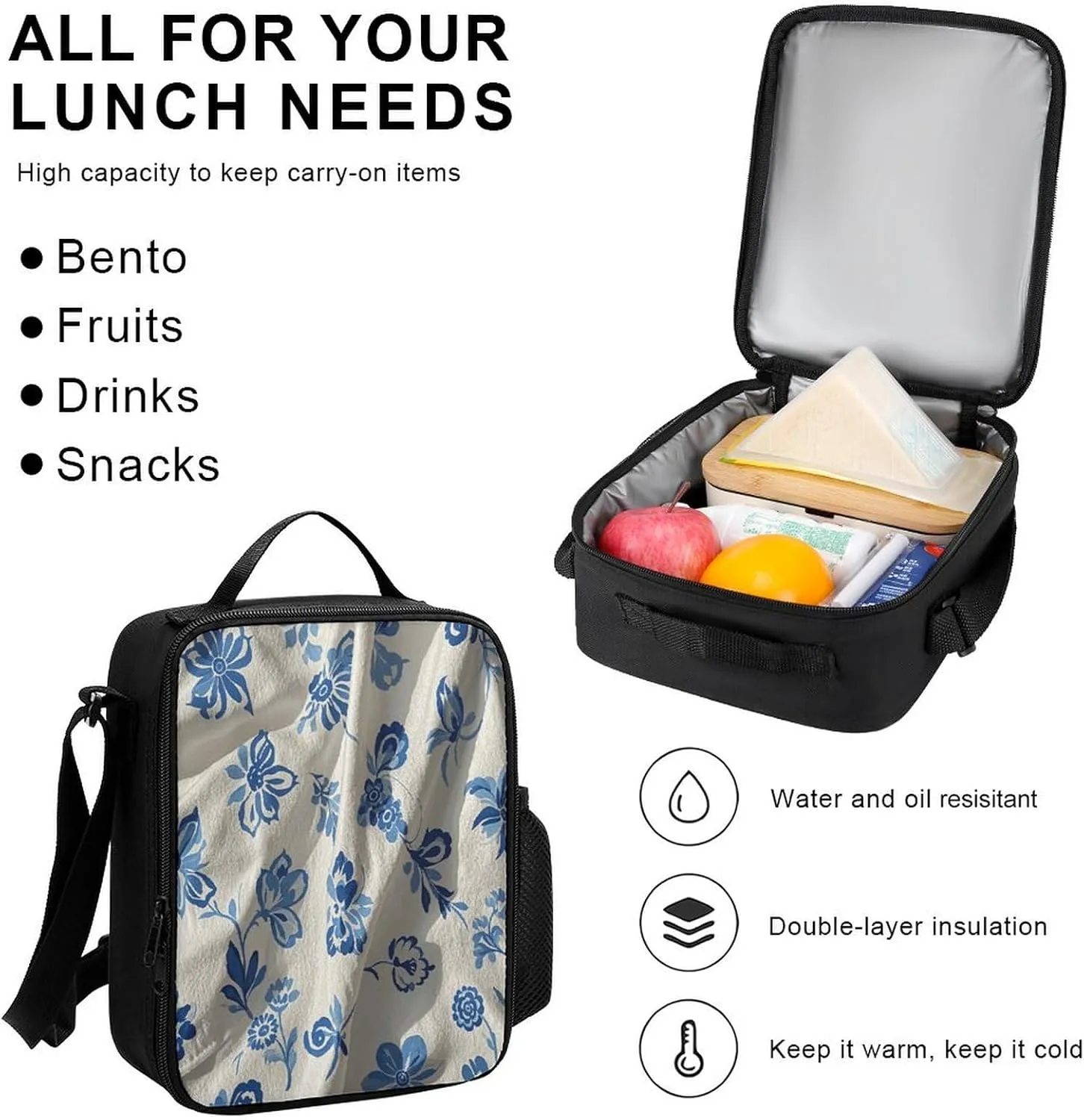 Portable Backpack Set with Lunch Bag & Pencil Case, Blue White Floral Print 3-in-1 Durable Work Bag,Adjustable Straps,Lightweight & Spacious