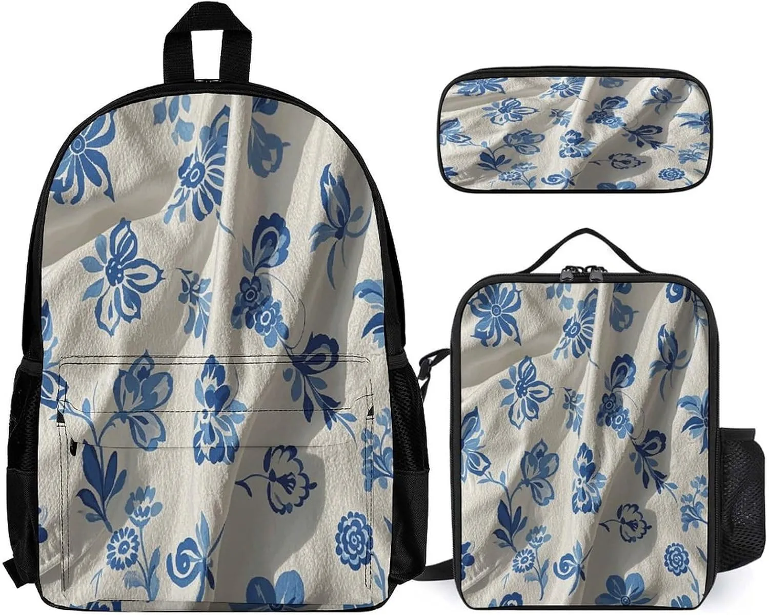 Portable Backpack Set with Lunch Bag & Pencil Case, Blue White Floral Print 3-in-1 Durable Work Bag,Adjustable Straps,Lightweight & Spacious