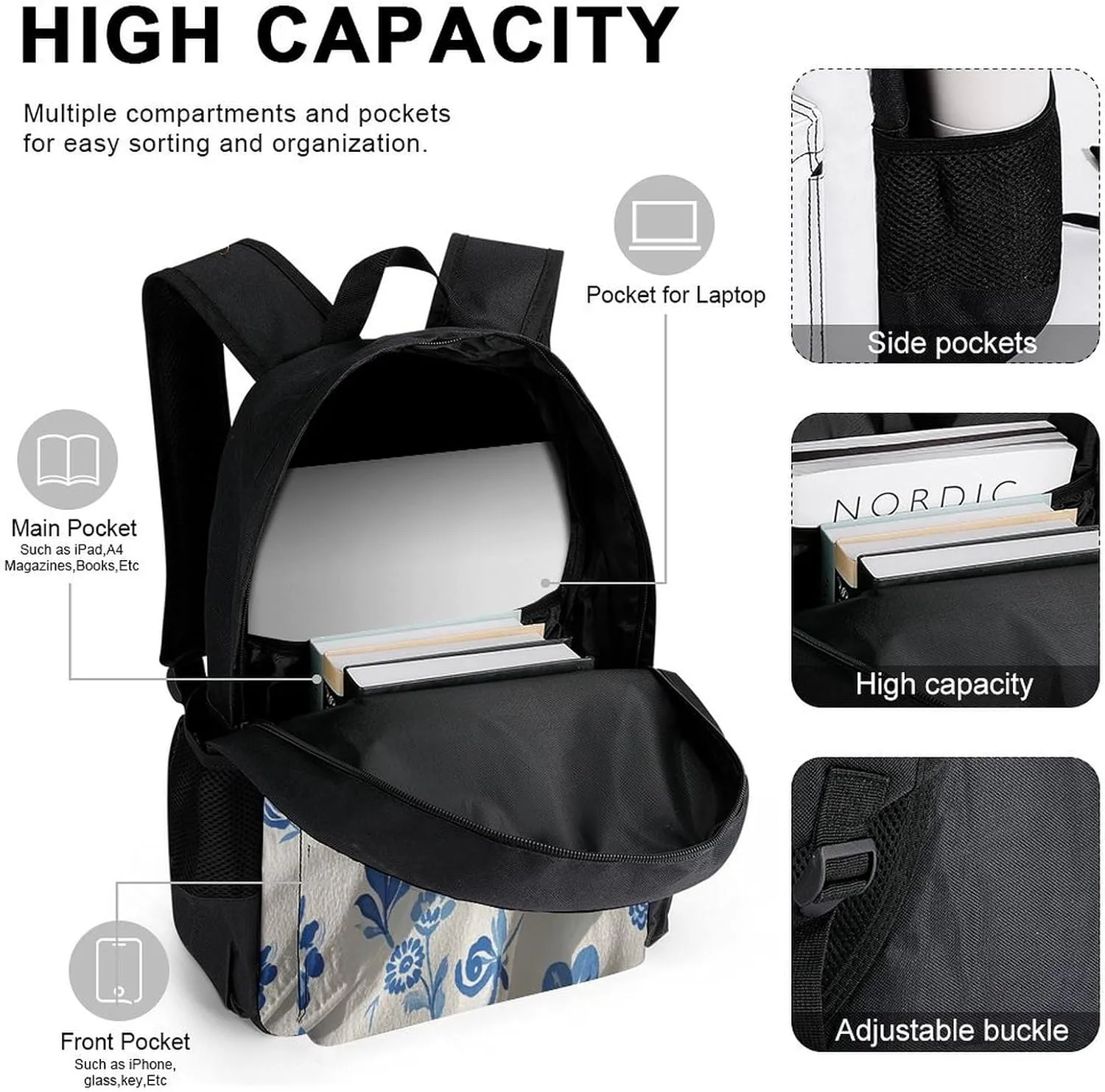 Portable Backpack Set with Lunch Bag & Pencil Case, Blue White Floral Print 3-in-1 Durable Work Bag,Adjustable Straps,Lightweight & Spacious