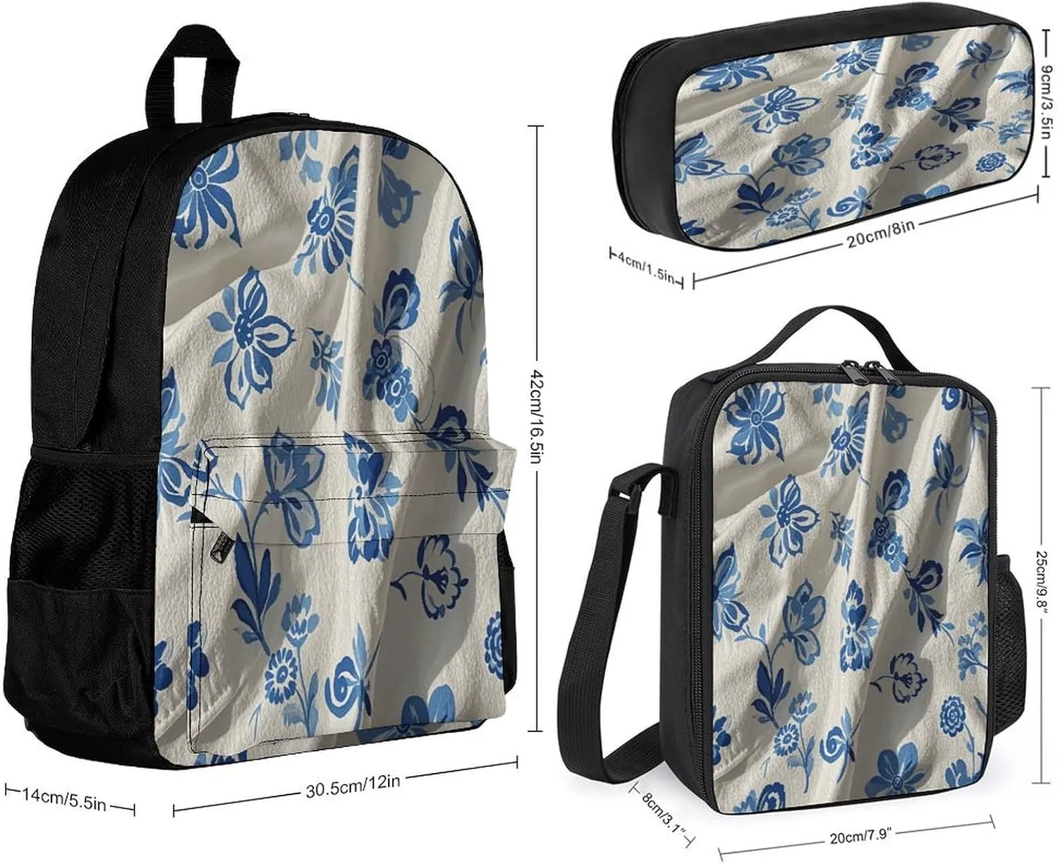 Portable Backpack Set with Lunch Bag & Pencil Case, Blue White Floral Print 3-in-1 Durable Work Bag,Adjustable Straps,Lightweight & Spacious