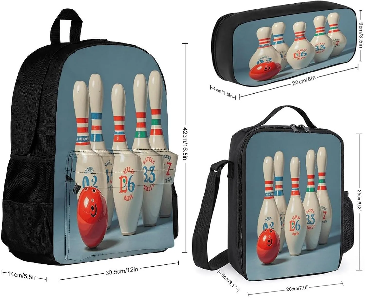 Portable Backpack Set with Lunch Bag & Pencil Case, Bowling Ball And Ball Bottle Prints Print 3-in-1 Durable Work Bag,Adjustable Straps,Lightweight & Spacious