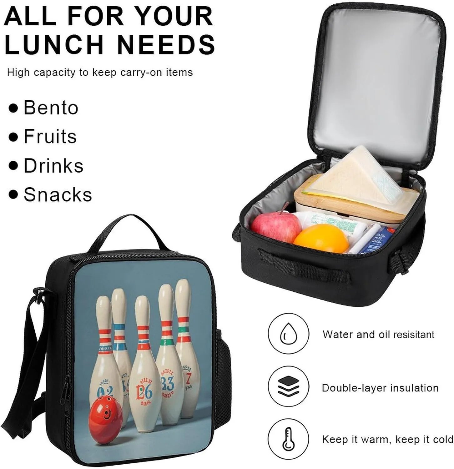 Portable Backpack Set with Lunch Bag & Pencil Case, Bowling Ball And Ball Bottle Prints Print 3-in-1 Durable Work Bag,Adjustable Straps,Lightweight & Spacious