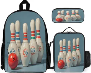 Portable Backpack Set with Lunch Bag & Pencil Case, Bowling Ball And Ball Bottle Prints Print 3-in-1 Durable Work Bag,Adjustable Straps,Lightweight & Spacious