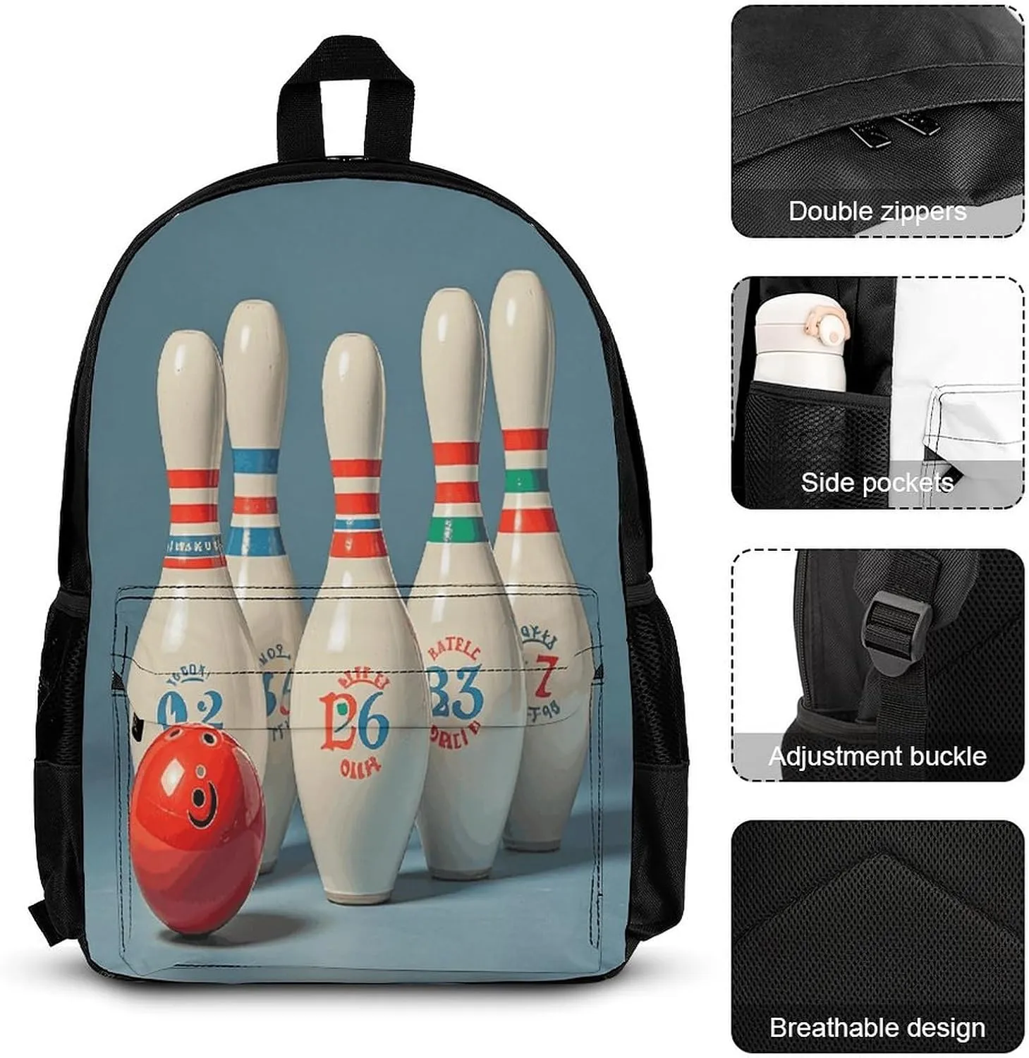 Portable Backpack Set with Lunch Bag & Pencil Case, Bowling Ball And Ball Bottle Prints Print 3-in-1 Durable Work Bag,Adjustable Straps,Lightweight & Spacious