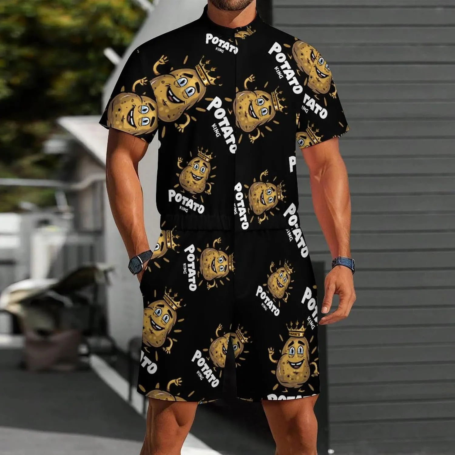 Potato King Cute Mens Short Sleeve Rompers Printed Slim Fit One Piece Jumpsuit with Pocket