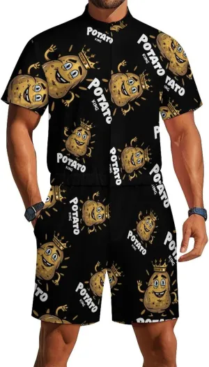 Potato King Cute Mens Short Sleeve Rompers Printed Slim Fit One Piece Jumpsuit with Pocket