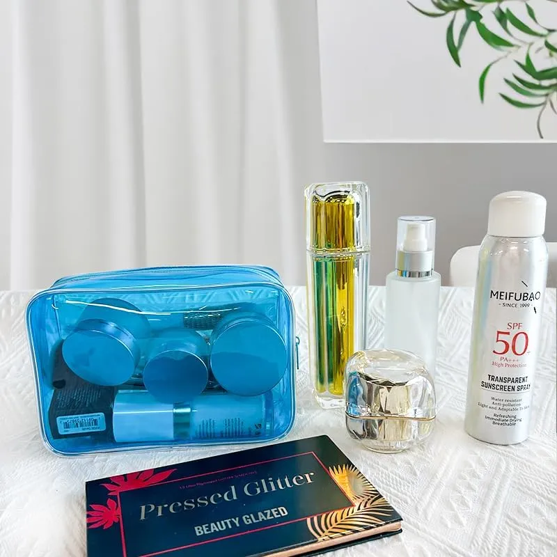 Pouch Small, Makeup Bag, 7"x2.3"x4.7" Size TSA Approved Toiletry Bag, Clear Travel Bags for Toiletries, Clear Cosmetic Bag for Women and Men Small (blue)