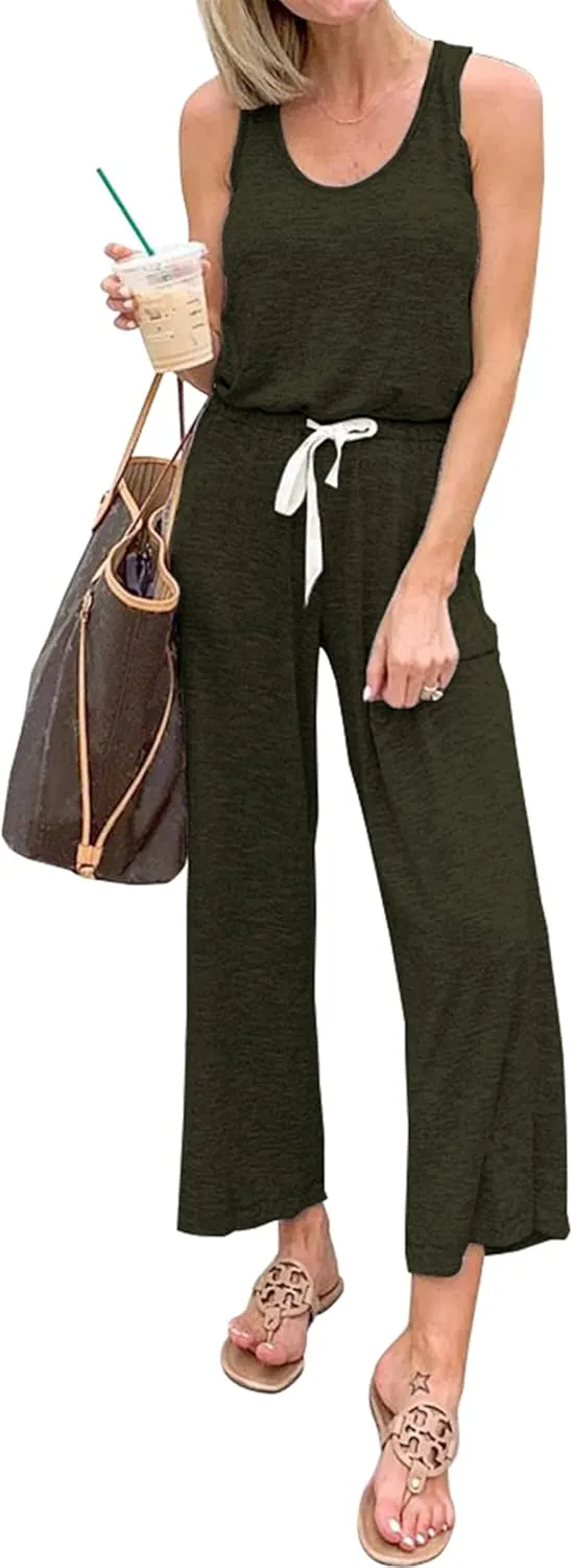 PRETTYGARDEN One Piece Jumpsuits for Women 2025 Summer Casual Drawstring Sleeveless Tank Romper Beach Vacation Outfits