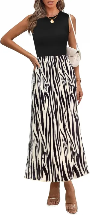 PRETTYGARDEN Womens Spring 2025 Graphic Print A Line Pleated Work Midi Dresses for Women Casual Plisse Long Dress