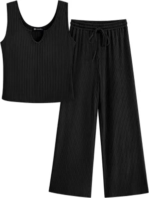 PRETTYGARDEN Women's Summer Casual Two Piece Outfits Sweatsuits Tank Scoop Neck Ribbed Knit Long Pants Tracksuits