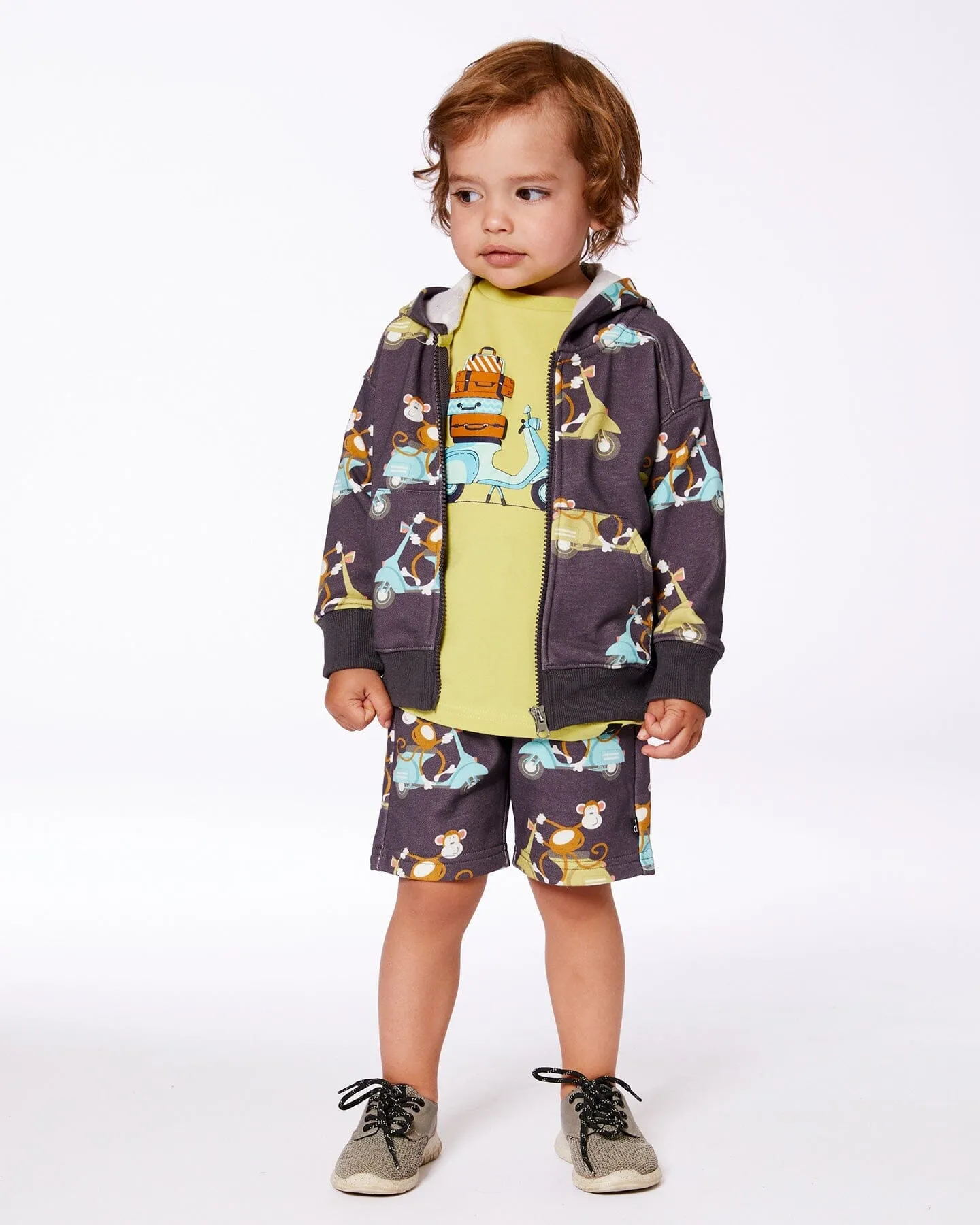 Printed French Terry Short Monkey On Navy Moped