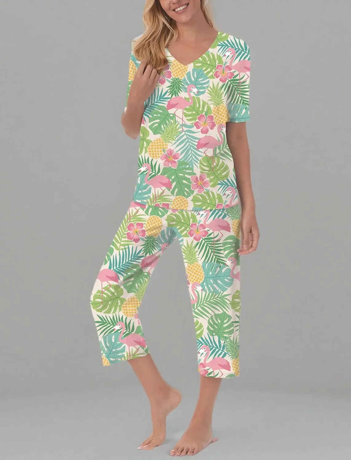 QCIV Womens Pajama Sets V-Neck Short Sleeve Top and Capri Pants with Pockets Sleepwear Set Two Piece PJS