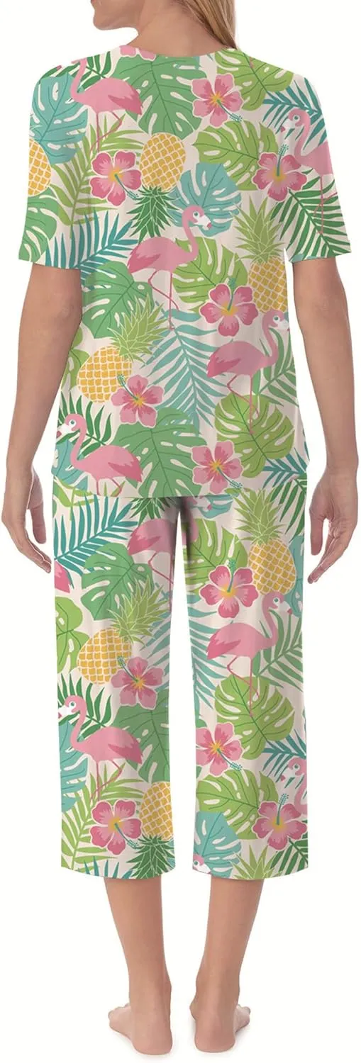 QCIV Womens Pajama Sets V-Neck Short Sleeve Top and Capri Pants with Pockets Sleepwear Set Two Piece PJS