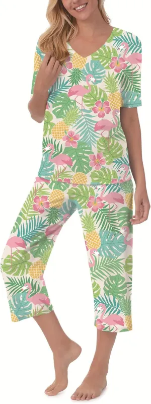 QCIV Womens Pajama Sets V-Neck Short Sleeve Top and Capri Pants with Pockets Sleepwear Set Two Piece PJS