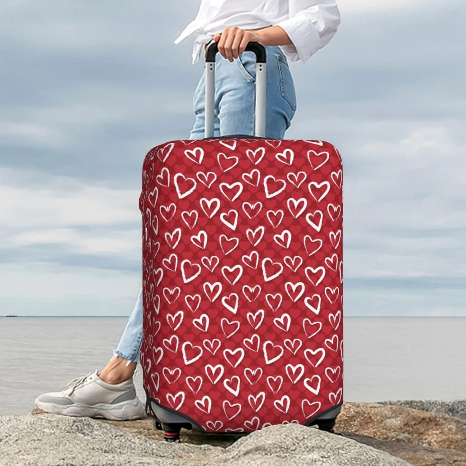 Red Hearts Travel Luggage Covers Elastic Suitcase Protector Washable Baggage Covers