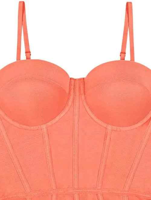 REORIA Women's Trendy Sexy Mesh Sheer Spaghetti Strap Going Out Slimming Bustier Corset Bodysuit With Built In Bra