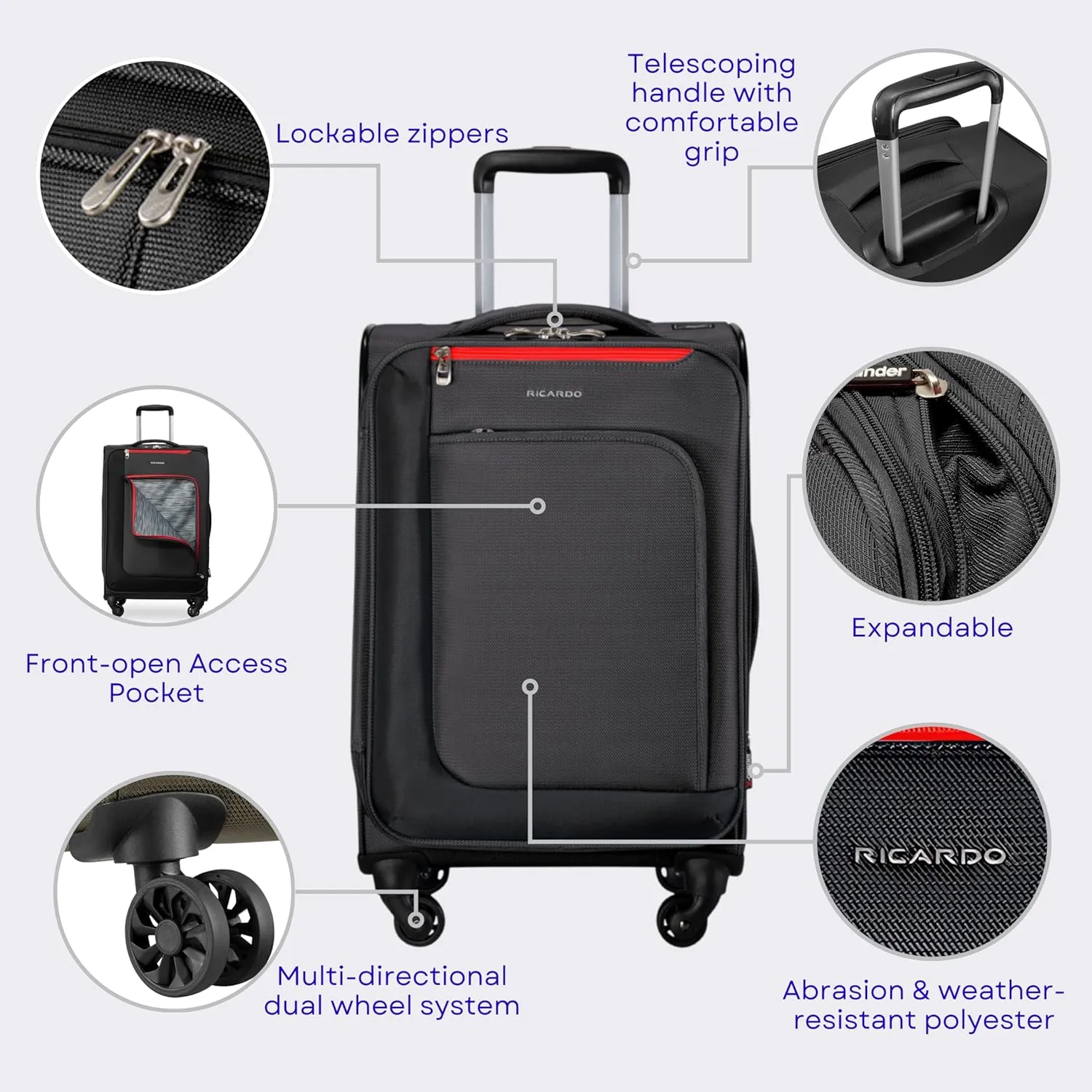 Ricardo Beverly Hills Aspen Springs 2-PC Luggage Set  Lightweight Softside Suitcase Set of 2 with 20 Carry-On & 24 Medium Check-In Spinner, Black