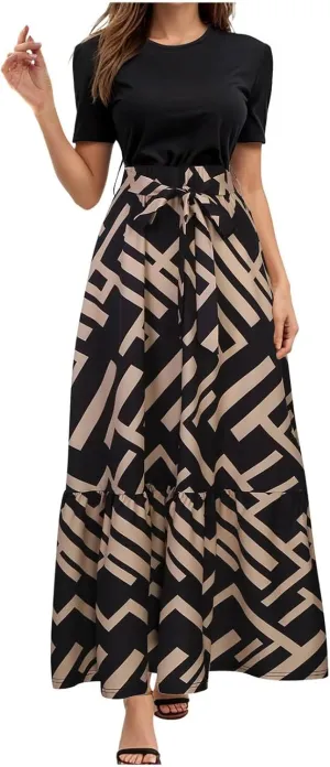 Rvidbe Summer Dresses for Women 2025 Floral Print Wrap Short Sleeve Maxi Dress Casual Patchwork Ruffle Hem A Line Sundress