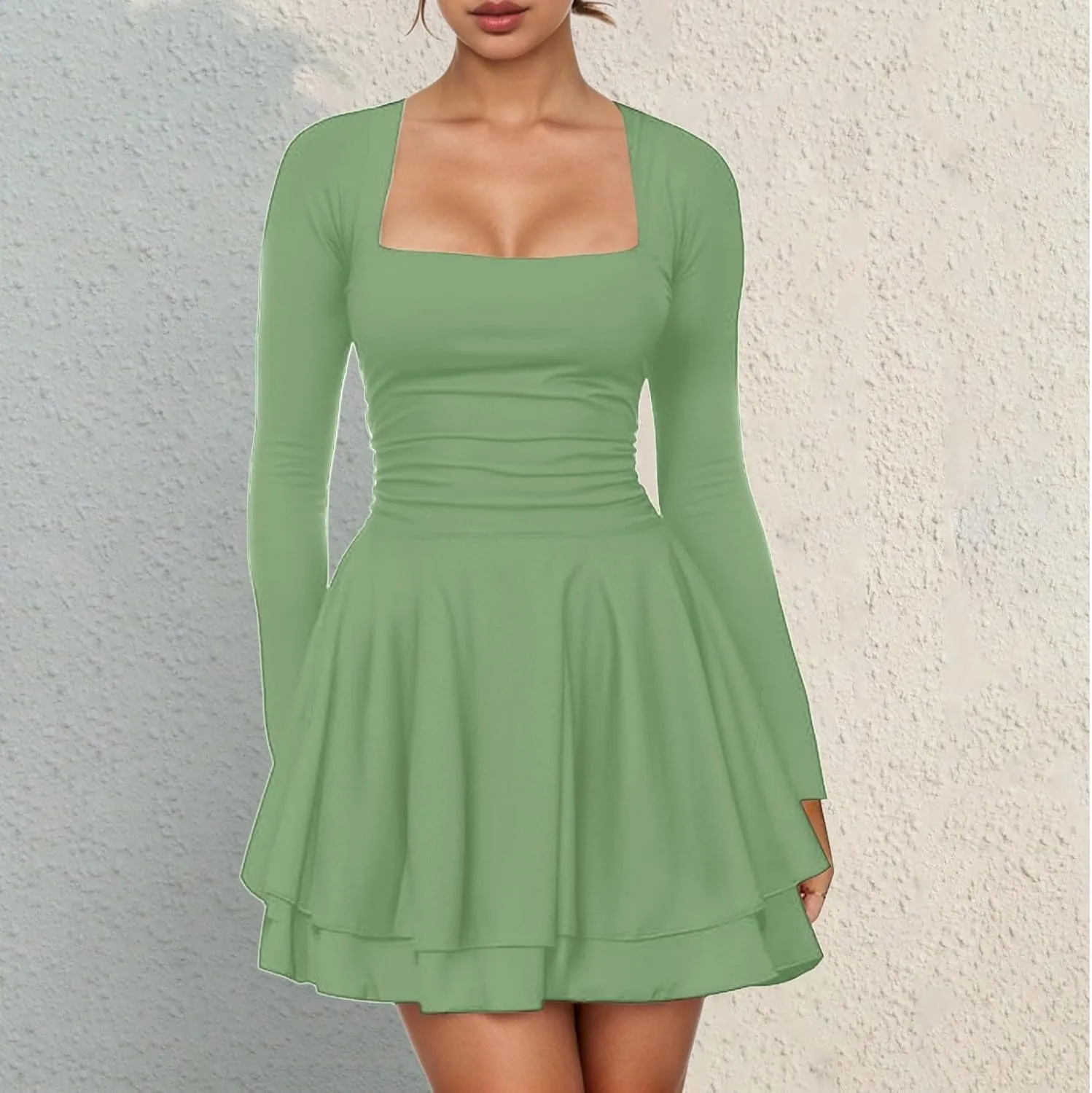 Rvidbe Summer Dresses for Women 2025 Square Neck Ruffle Hem Mini Dress Ruched Waist Long Sleeve Corset Short Party Dresses